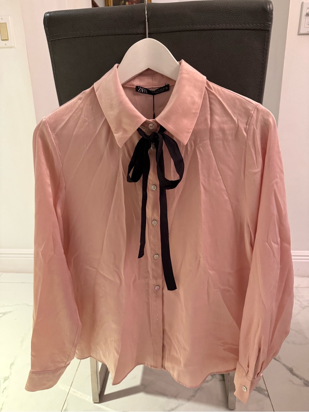Zara Pink Button-Front Blouse with Black Neck Tie